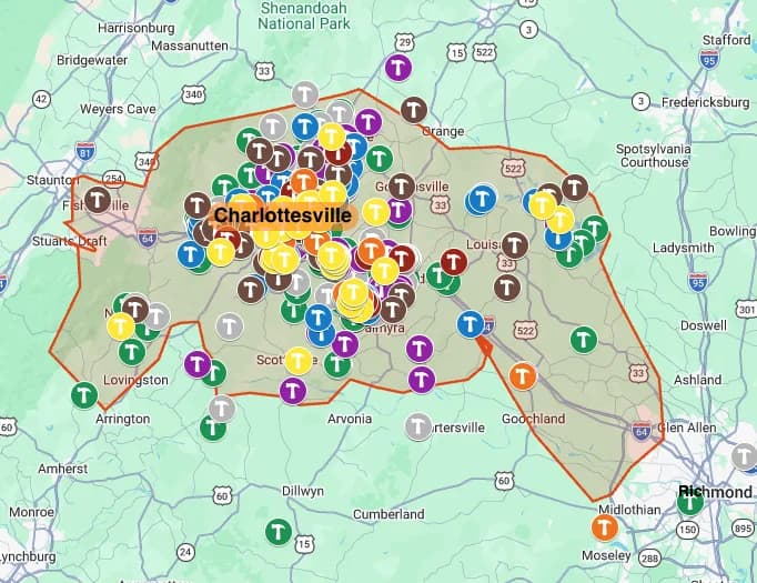 Map of DAK Construction's Central Virginia service area